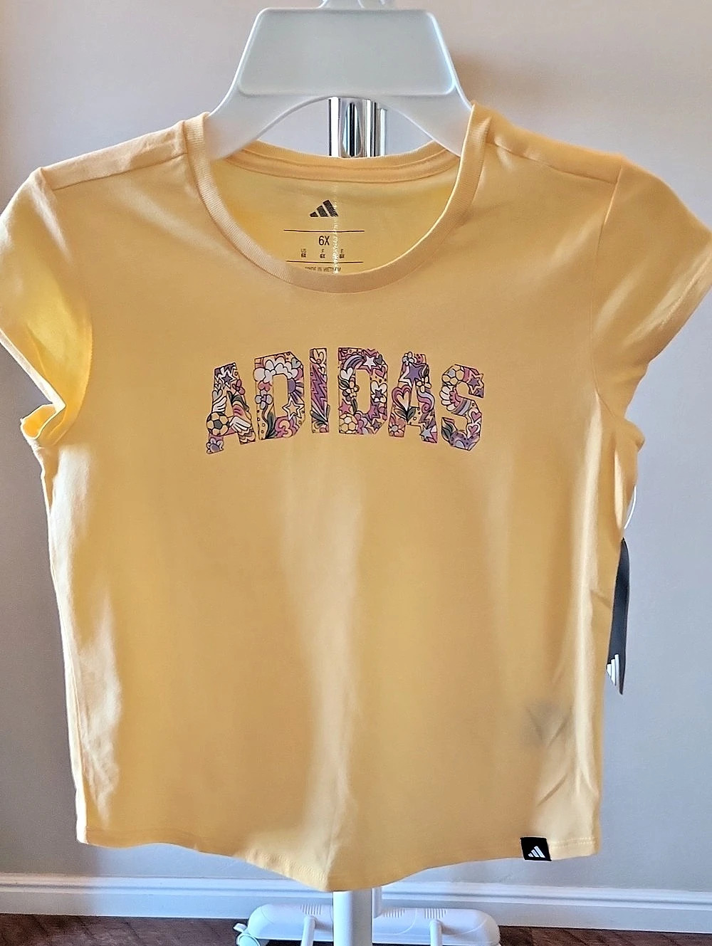 Adidas Floral Graphic Tee Yellow & Purple Girls 6X NWT